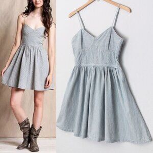 Free People Railroad Bustier Mini Dress L Denim Pinstripe Smocked Summer $128